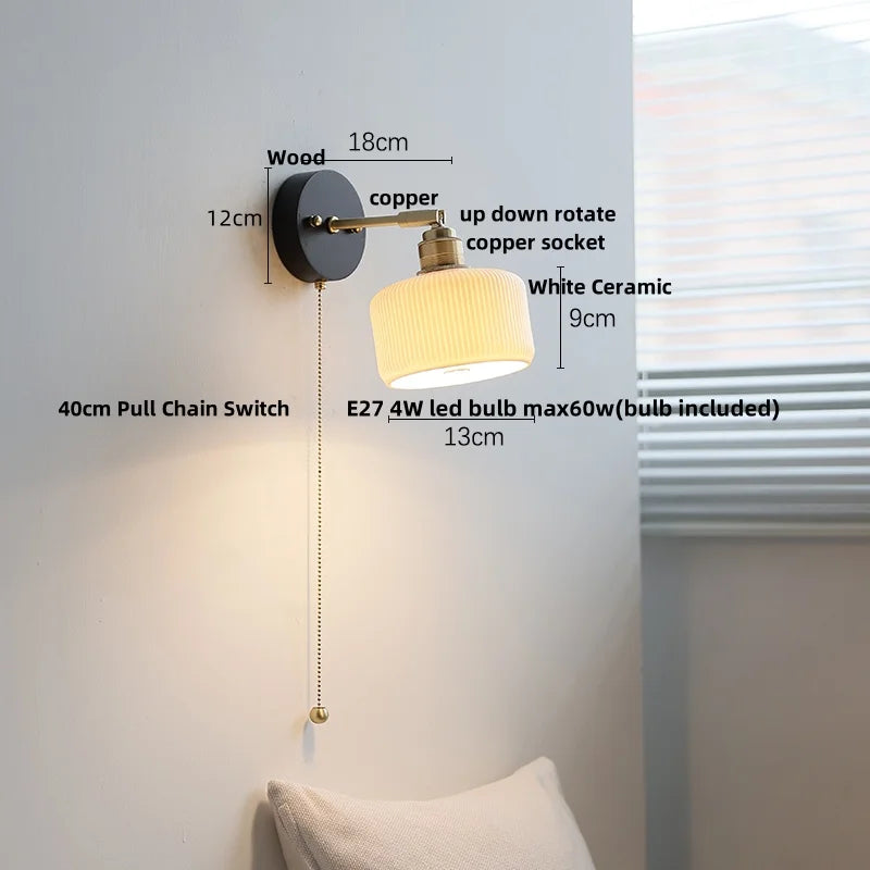 DecorBites™ Black Wood LED Wall Light with Pull Chain Switch, Rotating Japanese Style Bedside Lamp