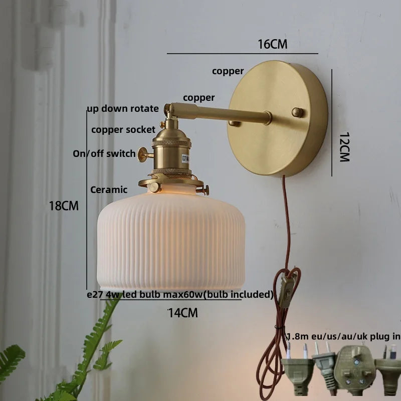 DecorBites™ Copper LED Sconce Wall Lamp Pull Chain Switch Nordic Modern Ceramic Mirror Light