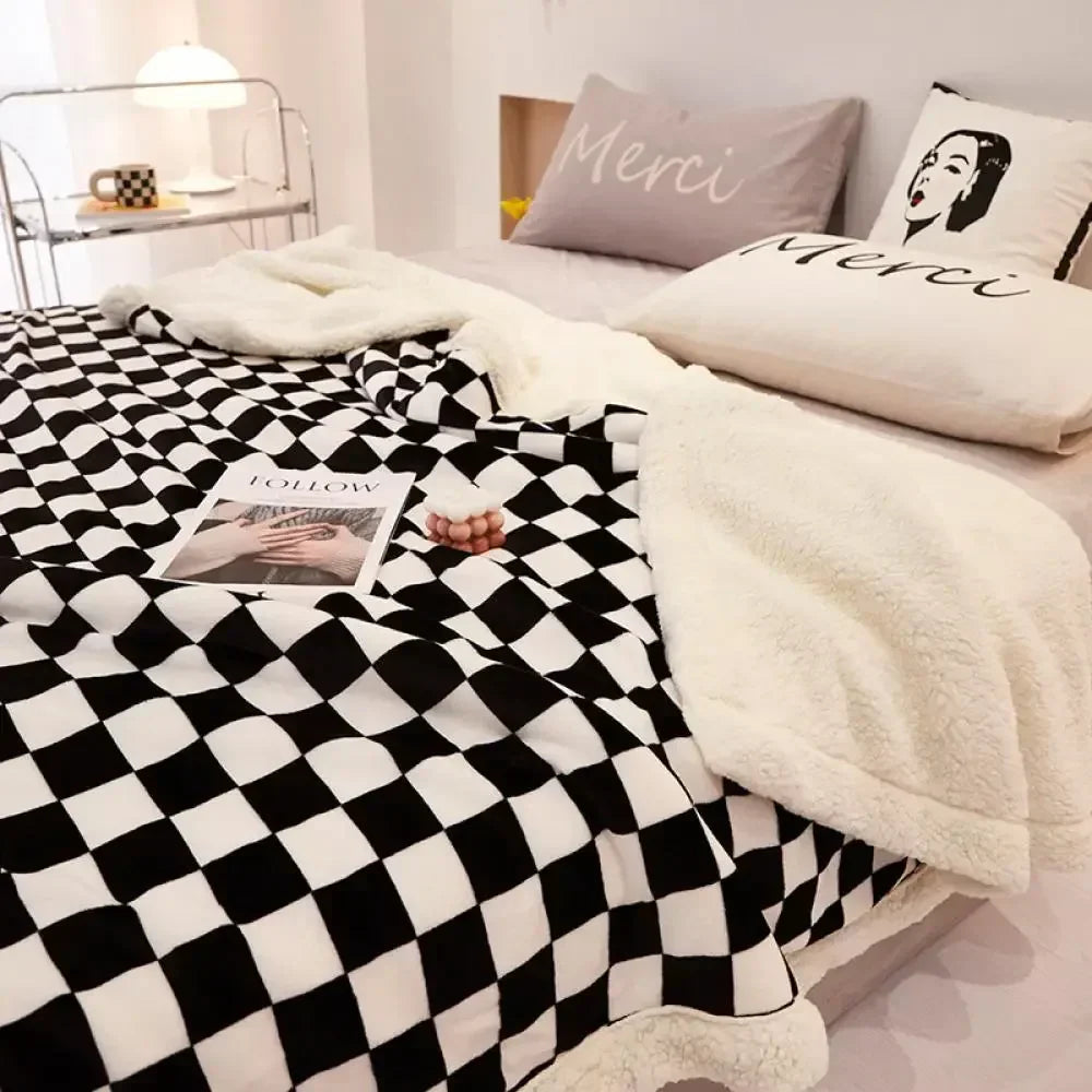 2024 DecorBites™ Checkerboard Lamb Fleece Blanket Cover - Premium Printed Blanket Series