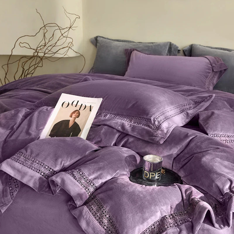 DecorBites™ Cozy Velvet Lace Bedding Set: Duvet Cover, Sheet, Pillowcases - 4Pcs Warm & Stylish