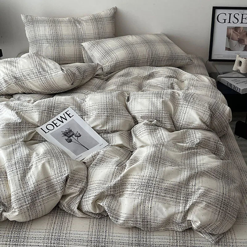 DecorBites™ Cotton Grid Bedding Set - Soft & Stylish Bed Sheet, Quilt Cover Kit
