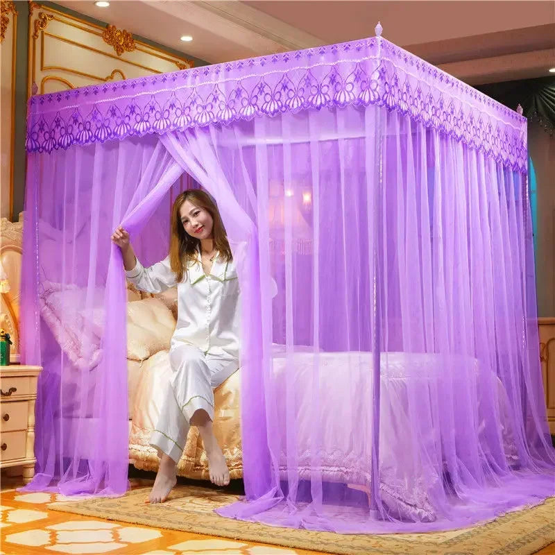 DecorBites™ Lace Pleated Queen Bed Net Canopy with Stainless Steel Bracket