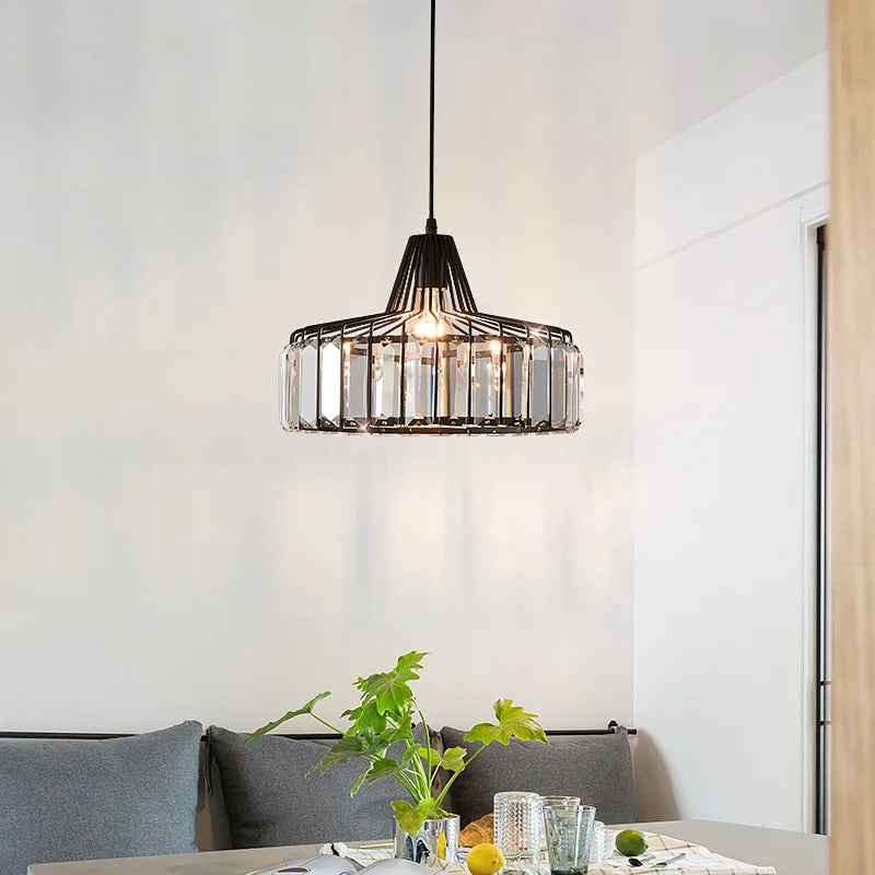 Nordic Crystal Round Pendant Light in Black Iron