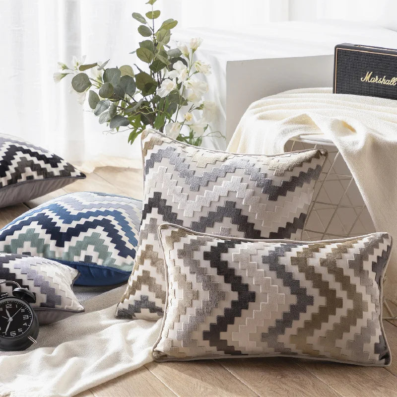 DecorBites™ Geometric Chenille Flocking Cushion Cover: Grey-Beige Home Decor Pillow Case
