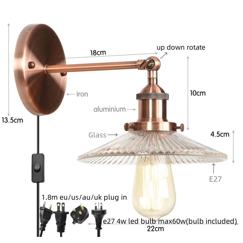 مصابيح حائط LED صناعية لوفت من DecorBites™ لغرفة النوم، مصباح درج بقابس