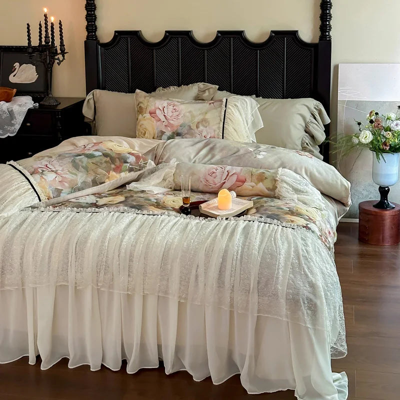 DecorBites™ Double Lace Ruffles Egyptian Cotton Thickened Bedding Set - Duvet Covers, Sheet, Pillowcases