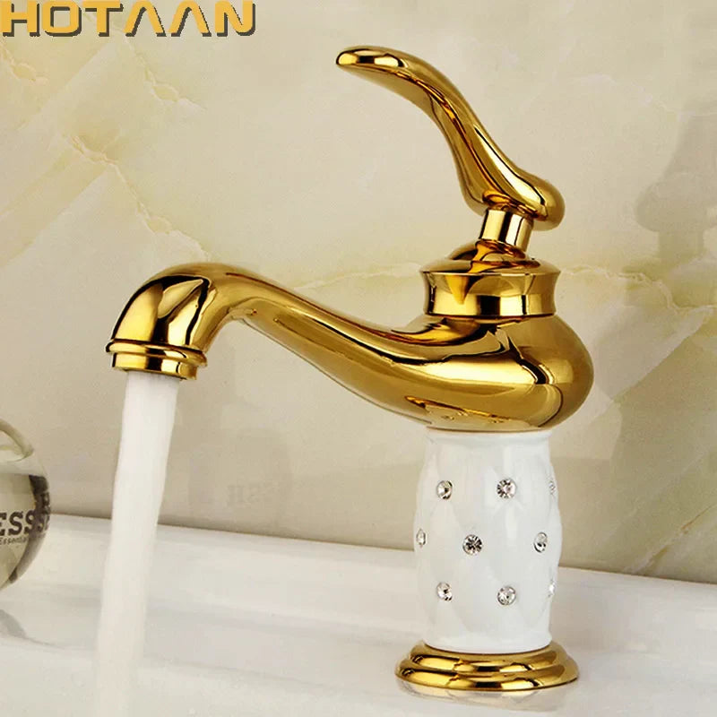 DecorBites™ خلاط حوض حمام نحاسي ذهبي مع صنبور سيراميك