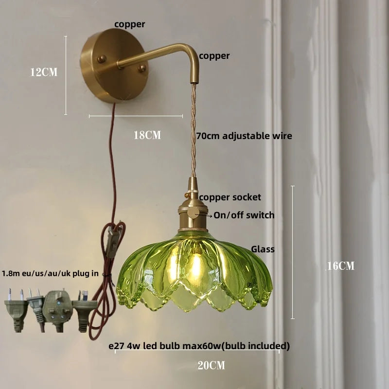 DecorBites™ Green Glass LED Wall Lights Fixture with Pull Chain Switch