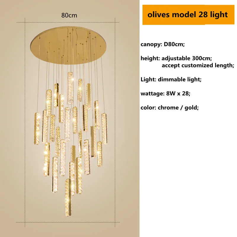 أضواء معلقة من الكريستال من الستيل المطلي بالكروم الذهبي من DecorBites™ مزودة بإضاءة LED قابلة للتعتيم لدرج الفيلا