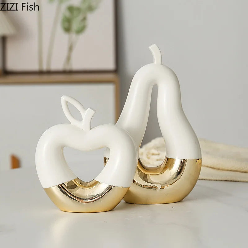 تماثيل كمثرى التفاح الذهبي من DecorBites™، زينة سيراميك لتزيين المكاتب، منحوتات حرفية عصرية