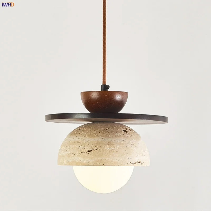 مصباح معلق LED زجاجي على شكل كرة من DecorBites™ لغرفة القهوة والمعيشة والطعام مع الخشب الطبيعي والحجر