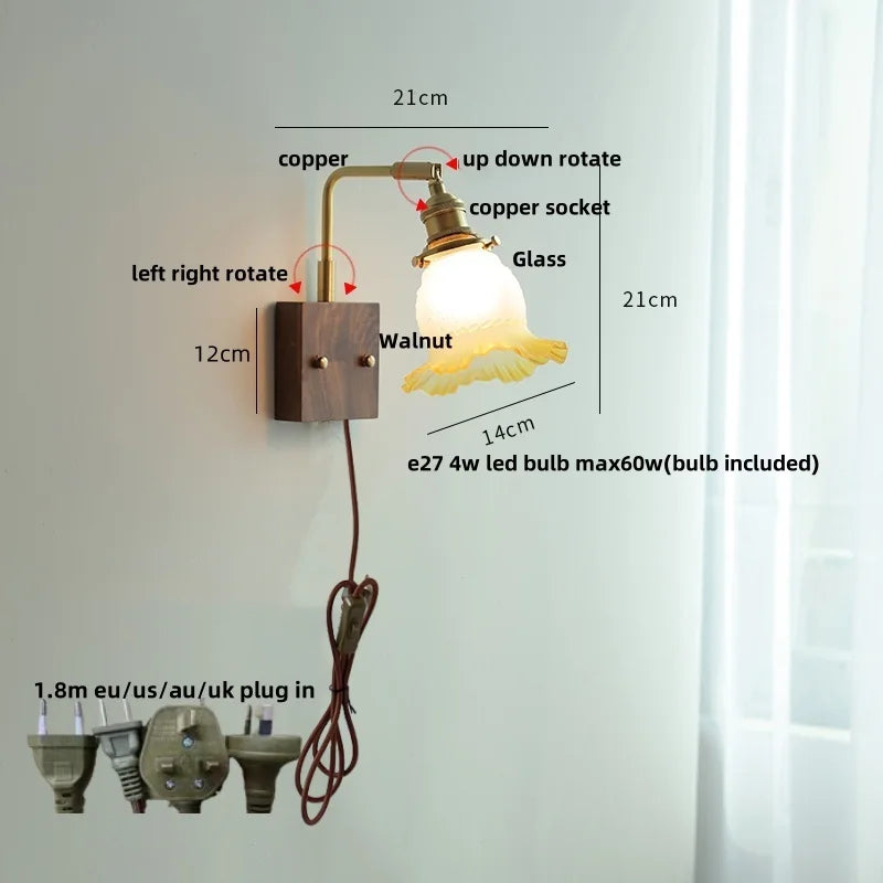 DecorBites™ Glass Pink LED Wall Sconce, Pull Chain Switch, Walnut Wood Bedside Lamp