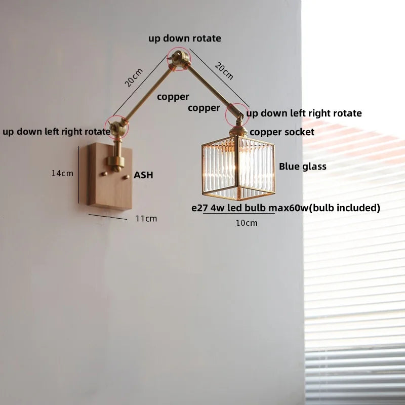 DecorBites™ Ash Wood LED Wall Lights Swing Arms Blue Glass Bedside Lamp