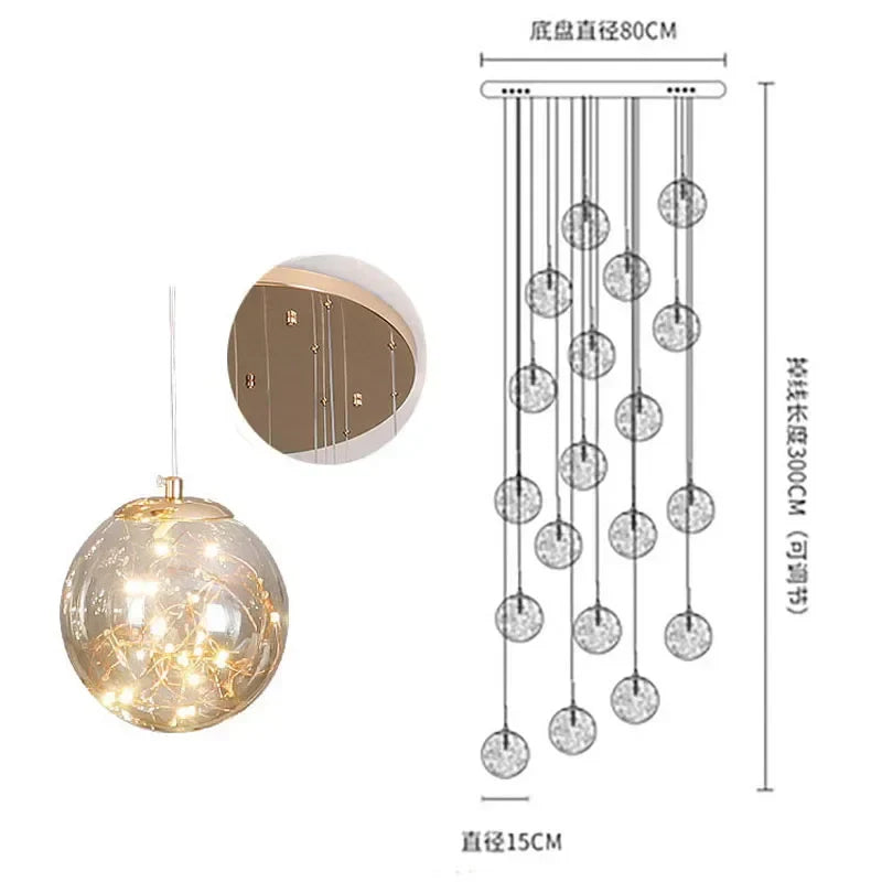 ثريا زجاجية ذهبية بإضاءة LED من DecorBites™: تجهيزات إضاءة للدرج بتصميم كروي دائري بسيط