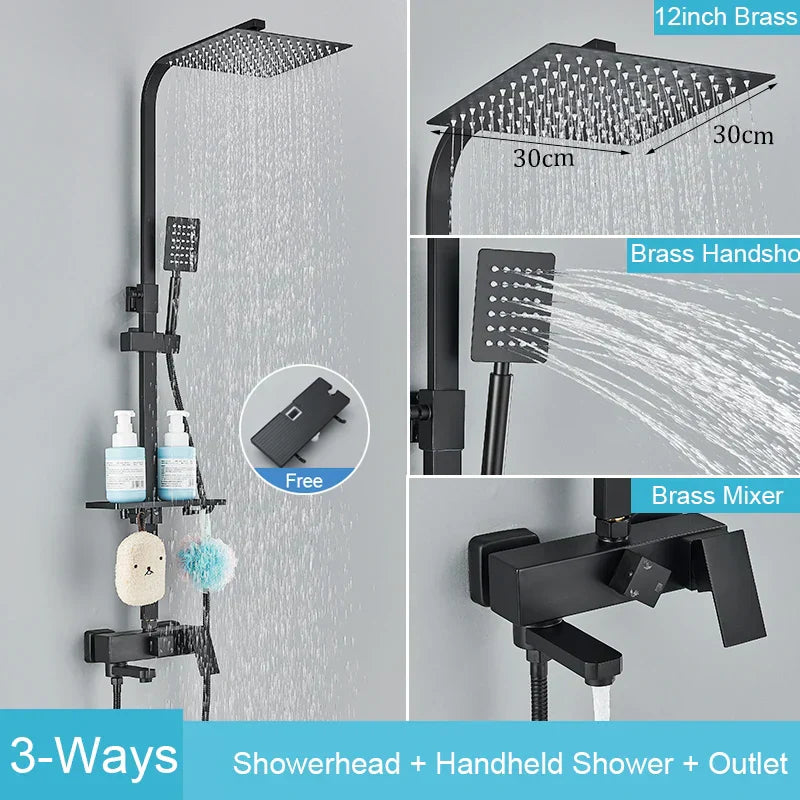 DecorBites™ Black Brass Shower Faucet Set Rainfall Bathtub Tap With Bathroom Shelf