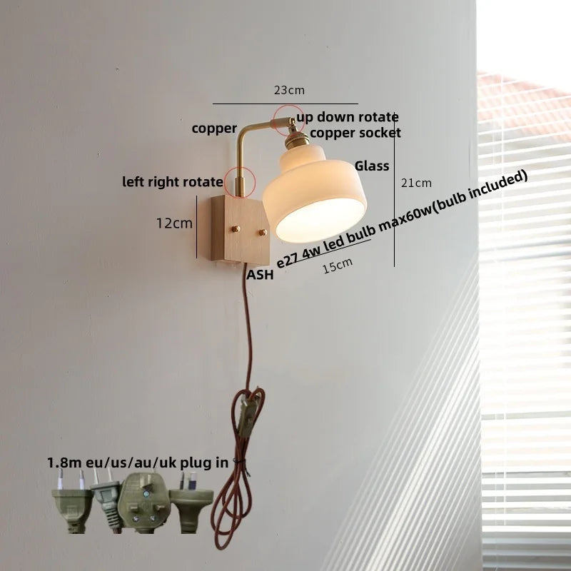 DecorBites™ Glass Pink LED Wall Sconce, Pull Chain Switch, Walnut Wood Bedside Lamp