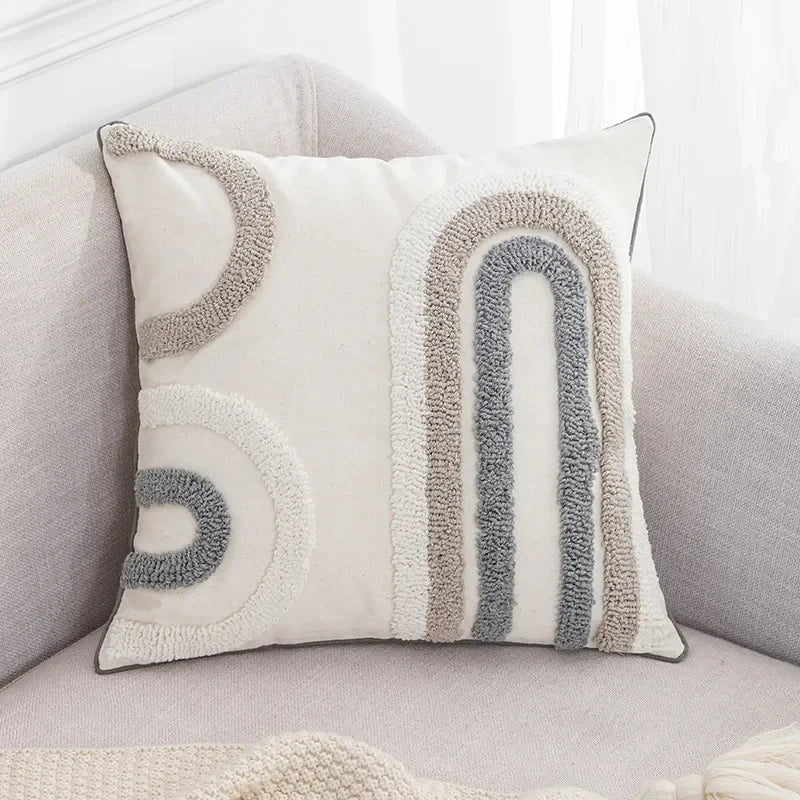 DecorBites™ Geometric Embroidery Tassel Cushion Cover - Grey White Simple Loop Tufted Pillow