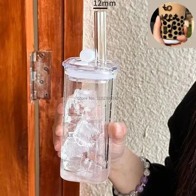 كوب زجاجي مقاوم للحرارة من DecorBites™‎ مع غطاء وماصة للقهوة والحليب والشاي والعصير