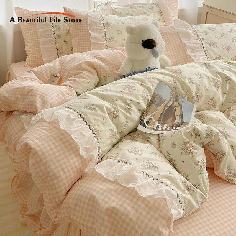 DecorBites™ Cotton Small Florals Princess Bedding Set - Queen Size - Duver Cover Bed Sheet Bed Skirt Pillowcases