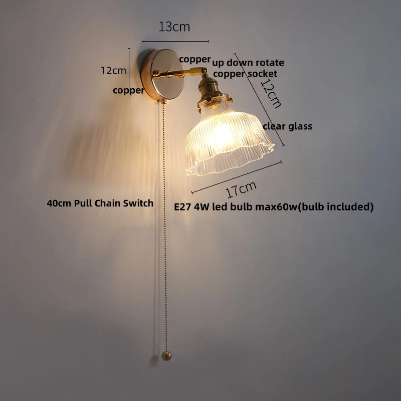 DecorBites™ Glass Bedside Sconce: Modern Nordic LED Wall Light with Pull Chain Switch