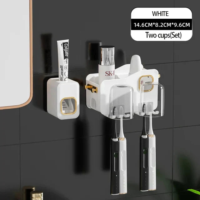 DecorBites™ Support de Brosse à Dents Inversé avec Distributeur de Dentifrice Automatique et Rangement de Maquillage
