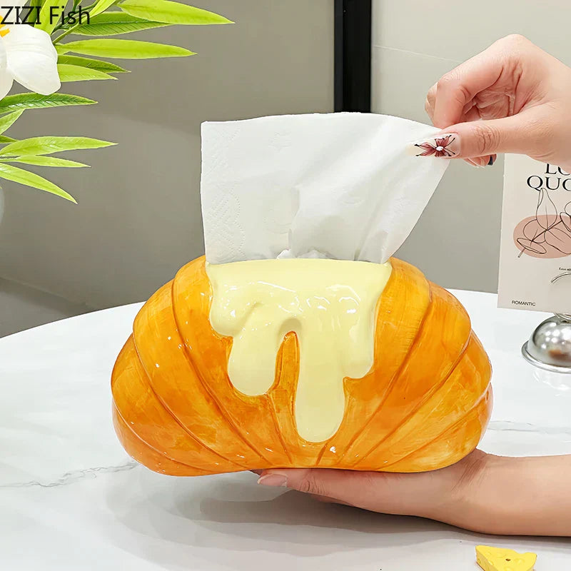 DecorBites™ Croissant Ceramic Tissue Box: Charming Table Decoration for Coffee Table and Bedside