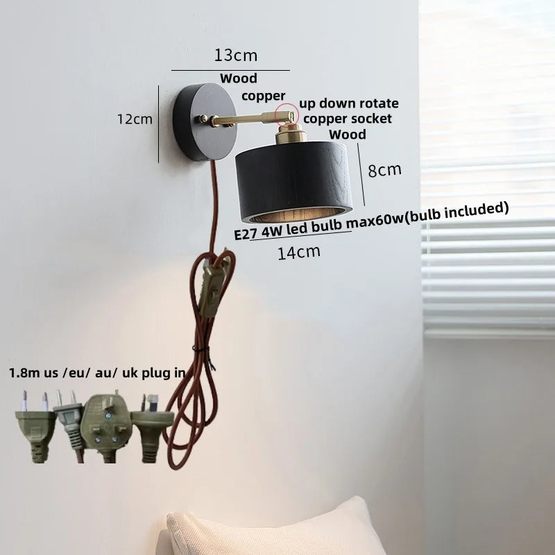 DecorBites™ Black Wood LED Wall Light with Pull Chain Switch, Rotating Japanese Style Bedside Lamp