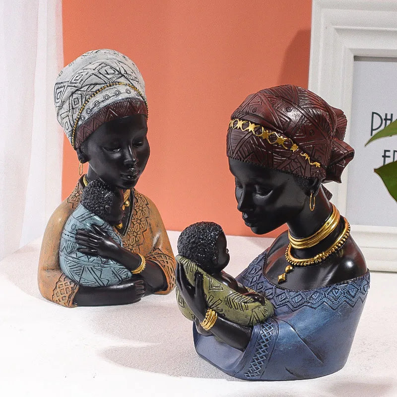 DecorBites™ African Exotic Black Mother And Child Resin Statues Retro Figurines For Home Decor