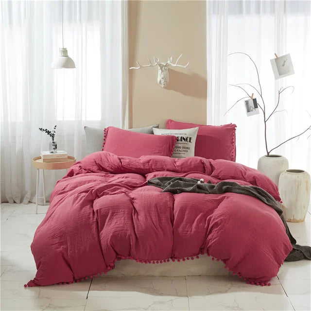 DecorBites™ Furball Tasseles Bedding Set | King/Queen Duvet Cover & Washed Quilt Cover Set
