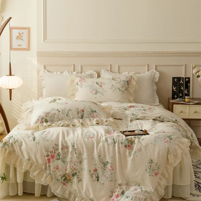 DecorBites™ French Country Flowers Print Bedding Set with Lace Ruffles