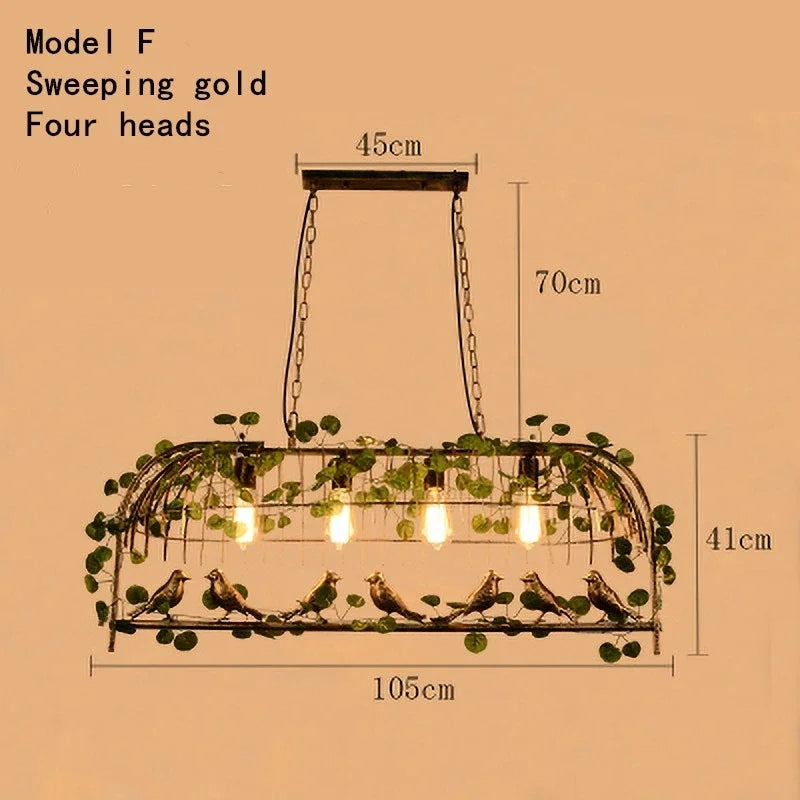 DecorBites™ Iron Bird Cage Chandelier with Green Leaf Decoration and LED Lamps