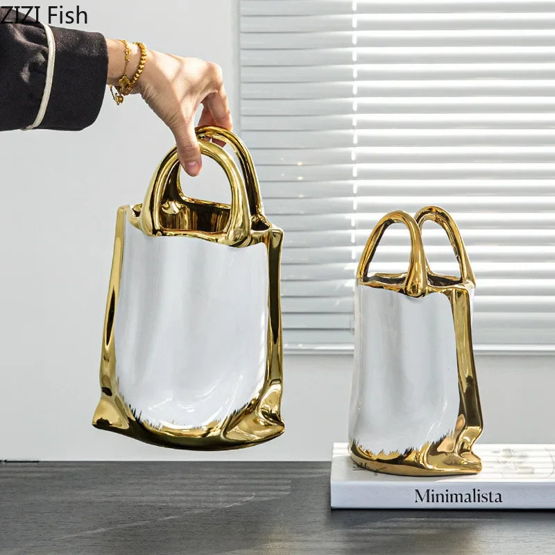 DecorBites™ Golden Handbag Ceramic Vase for Stunning Flower Arrangements