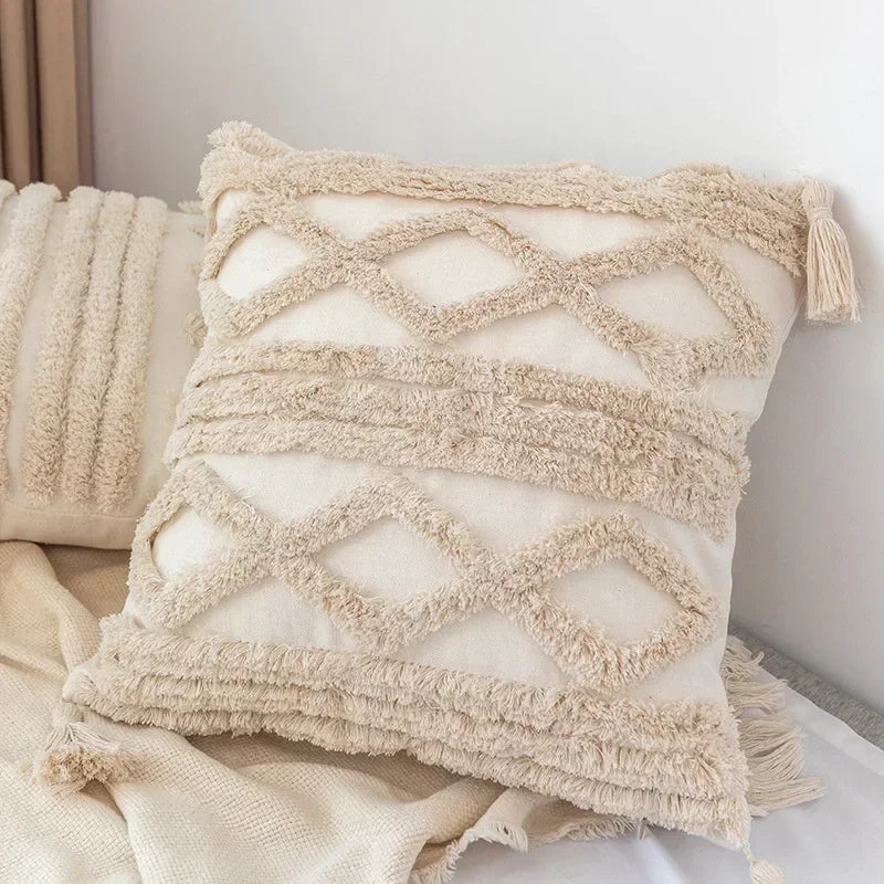 DecorBites™ Geometric Tufted Tassel Pillow Cover - Handcrafted Boho Chic Cushion Cover