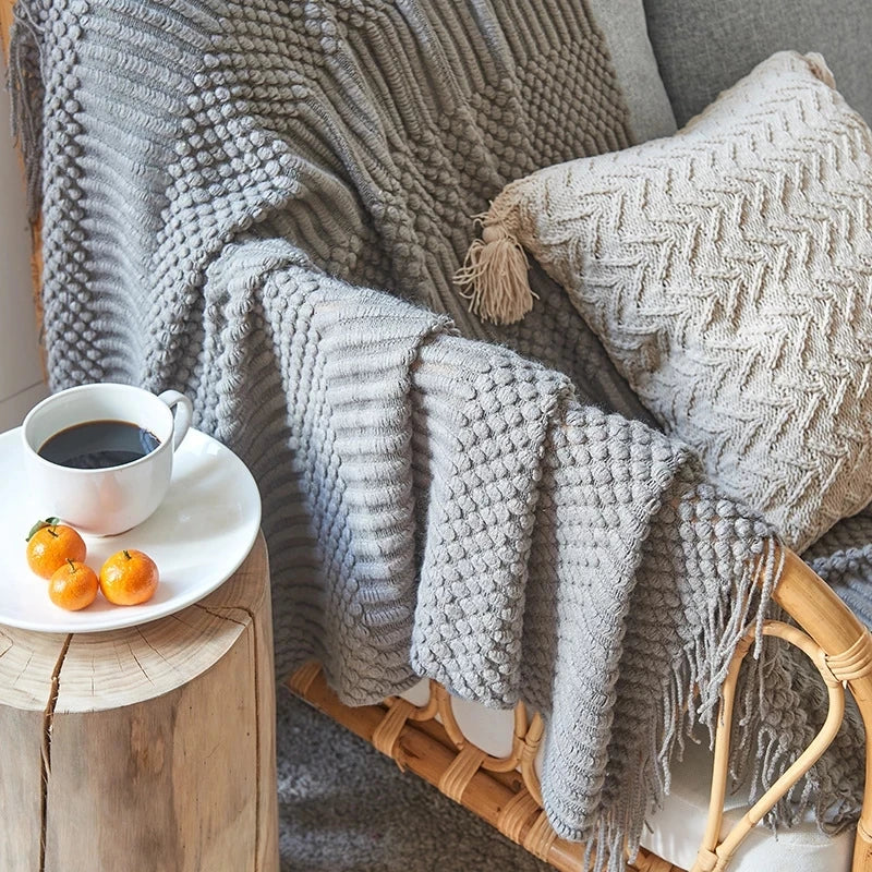 DecorBites™ 3D Knitted Tassel Blanket: Stylish Home Decor Throw for Sofa & Bed