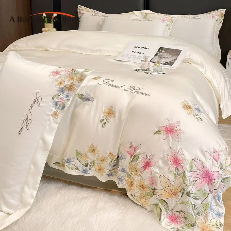 DecorBites™ Flowers Embroidery Silky Duvet Set with Comforter Cover & Fitted Sheet