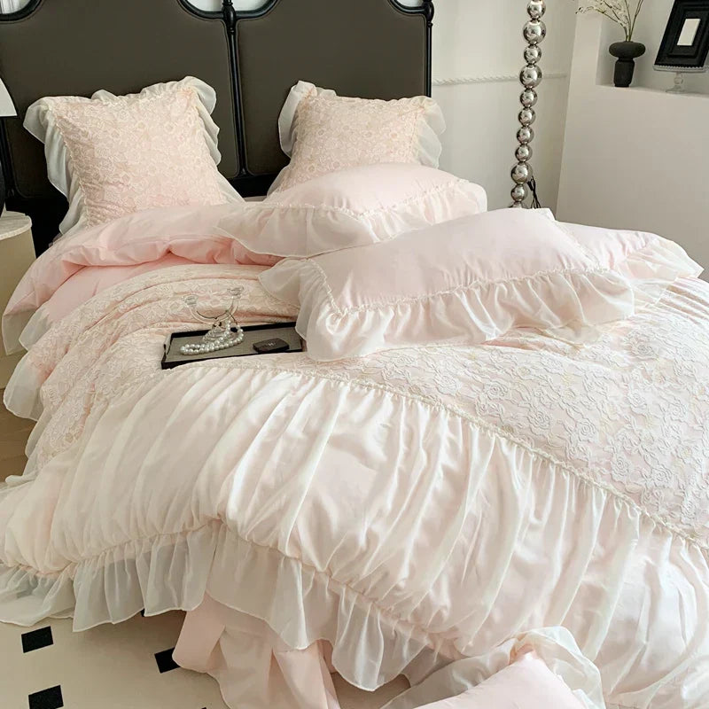 DecorBites™ Pink French Princess Bedding Set, Queen Size, Soft & Cozy with Lace Ruffles