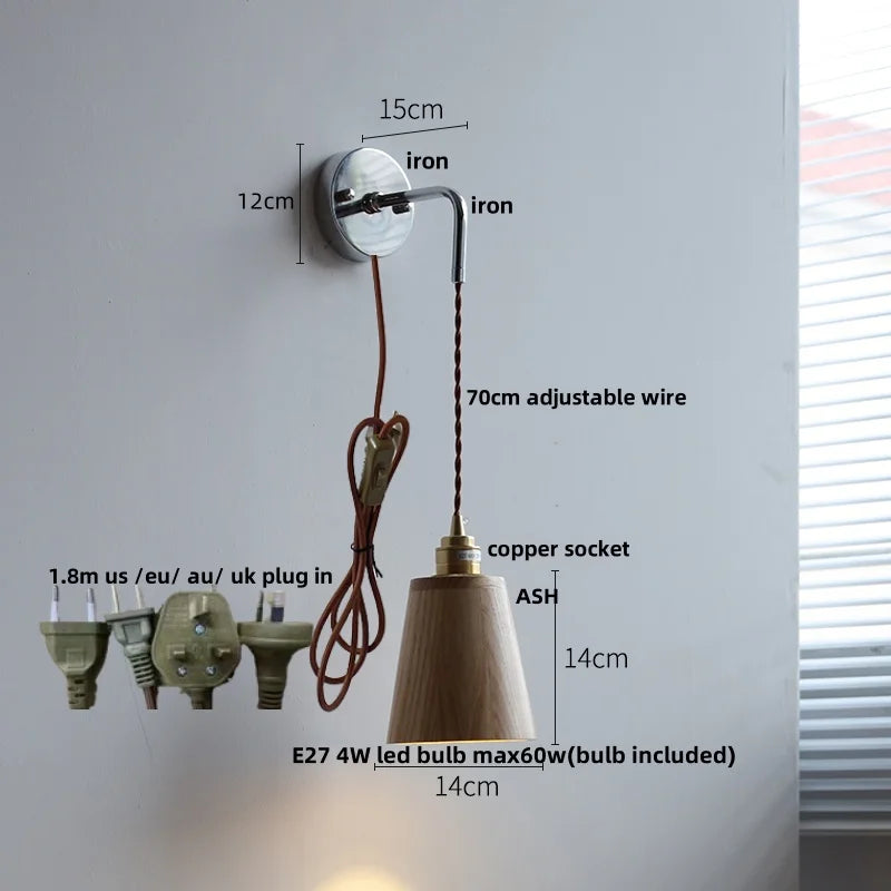 DecorBites™ Ash Wood LED Wall Light with Pull Chain Switch, Japanese Style Bedside Lamp