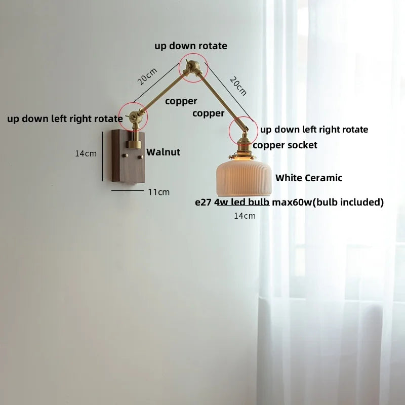 DecorBites™ Ceramic LED Wall Light Rotatable Walnut Bedside Lamp