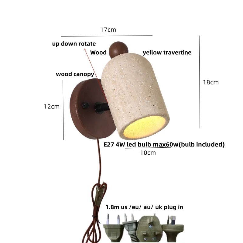 DecorBites™ LED Wall Light Fixture Up Down Rotate Pull Chain Switch Yellow Travertine Wood