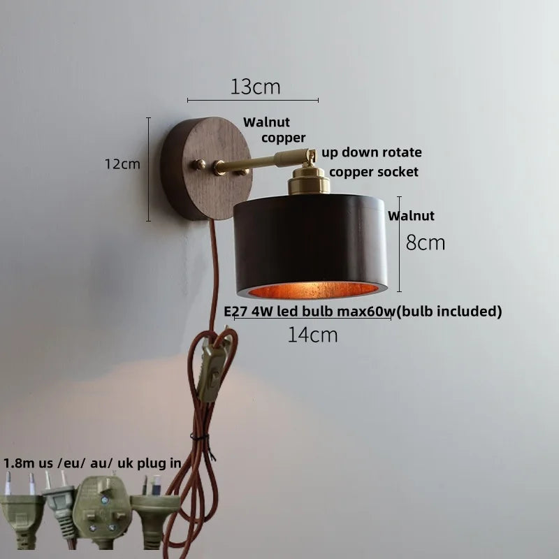 DecorBites™ LED Wall Sconce Walnut Wood Rotate Stair Light Fixture Modern Nordic Design