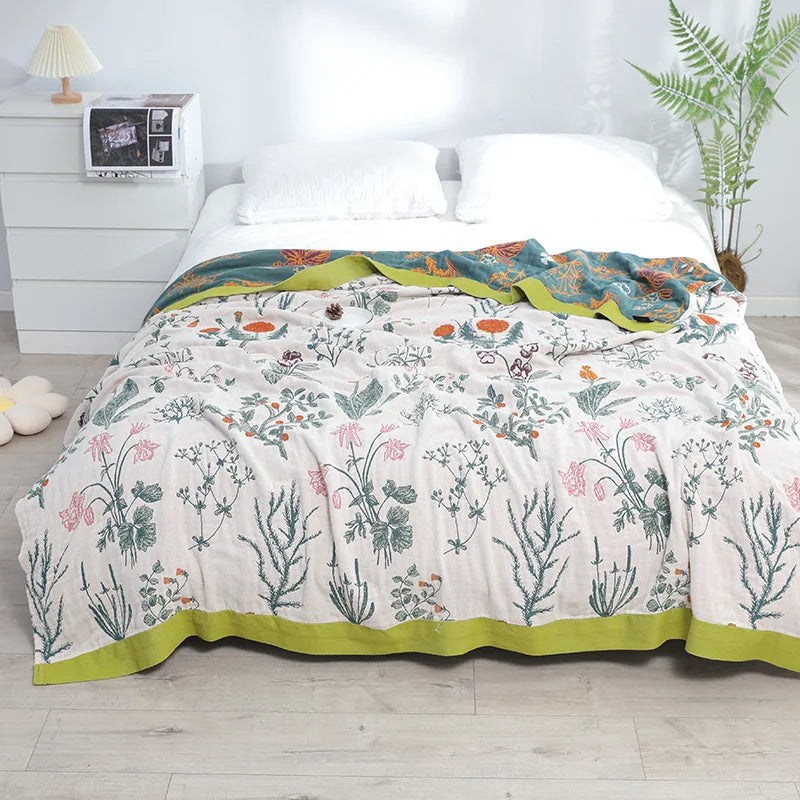 غطاء سرير مفرد ياباني من القطن DecorBites™ مع غطاء وسادة - تصميم طيور وزهور