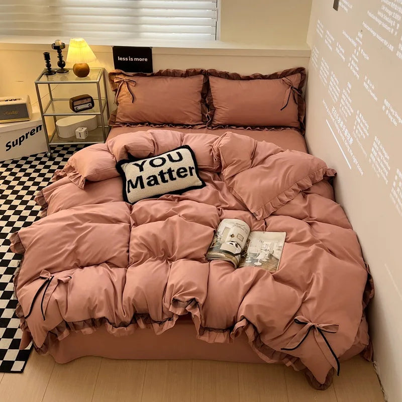 DecorBites™ Cotton Embroidery Bedding Set with Lace for All Seasons