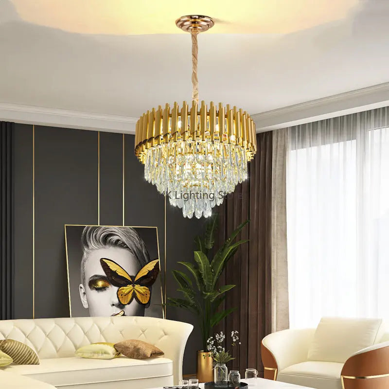 مصباح تعليق LED من DecorBites™ ذهبي كريستالي: مصباح تعليق فاخر عصري لغرفة المعيشة والمطعم