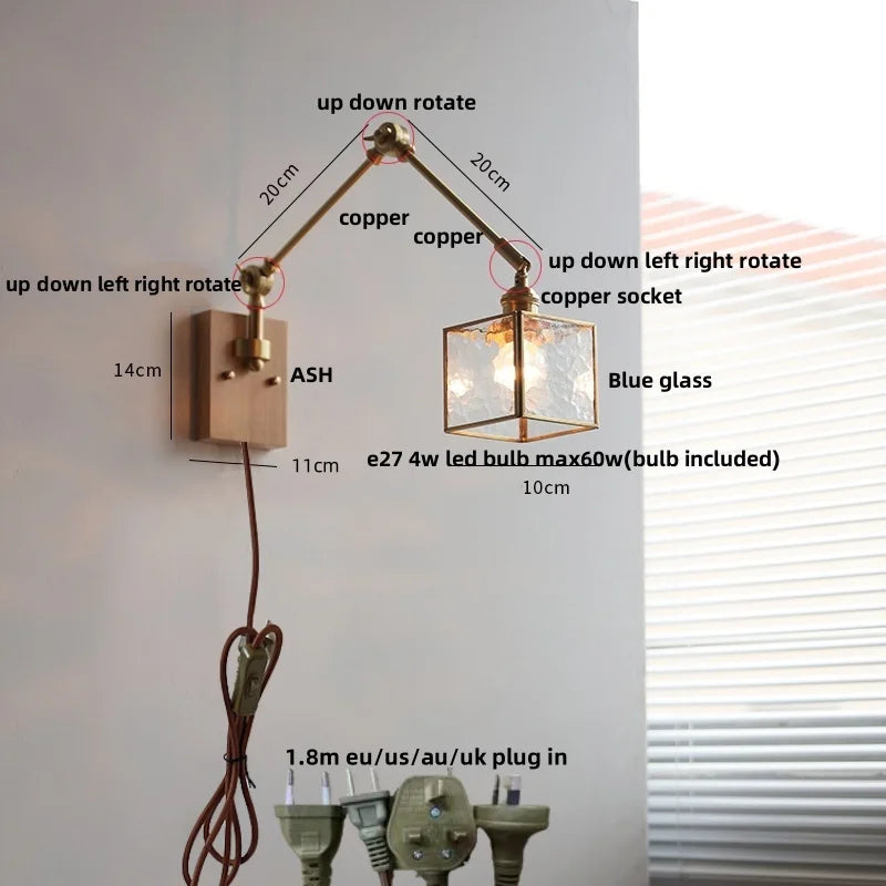DecorBites™ Ash Wood LED Wall Lights Swing Arms Blue Glass Bedside Lamp