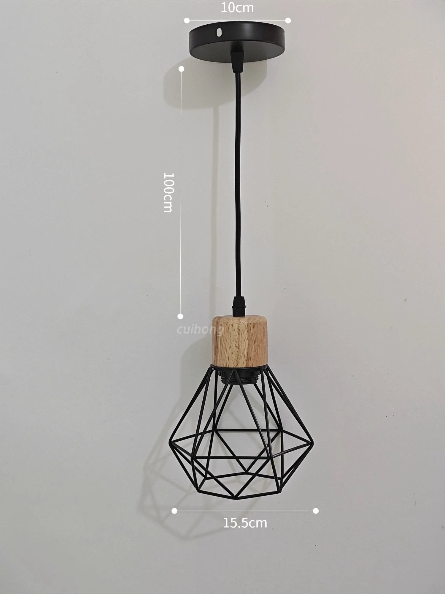 Vintage Black Wood and Iron Cage Pendant Light