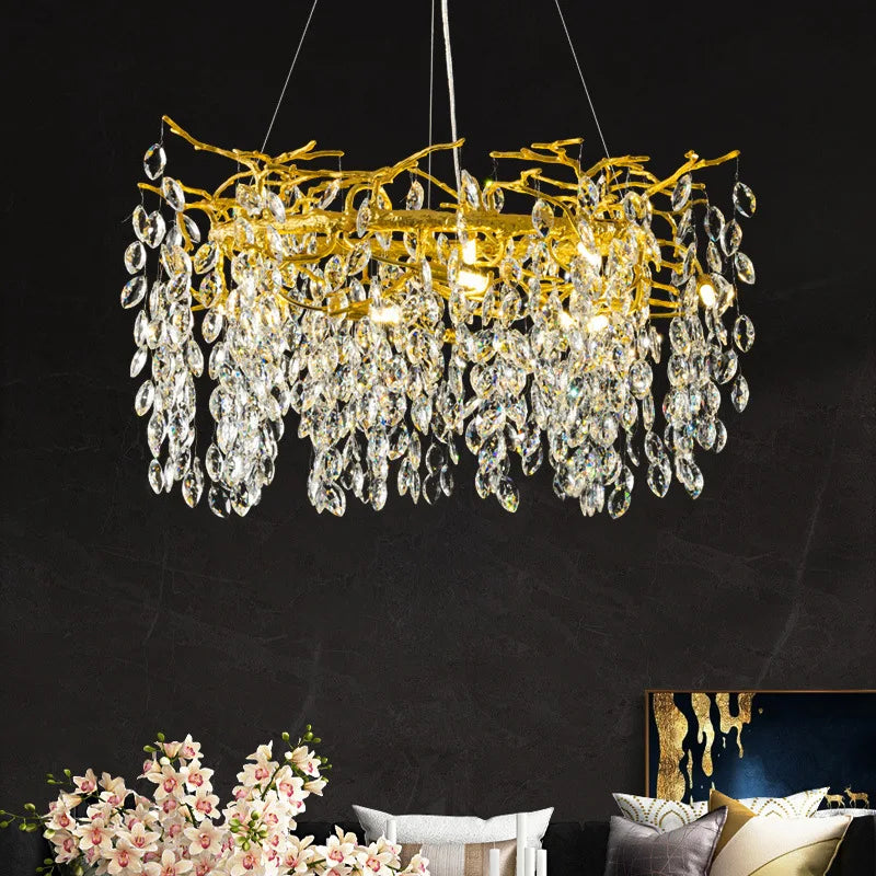 ثريا شجرة الكريستال الذهبية DecorBites™، إضاءة سقف فنية فاخرة من الألومنيوم غير اللامع لغرفة المعيشة