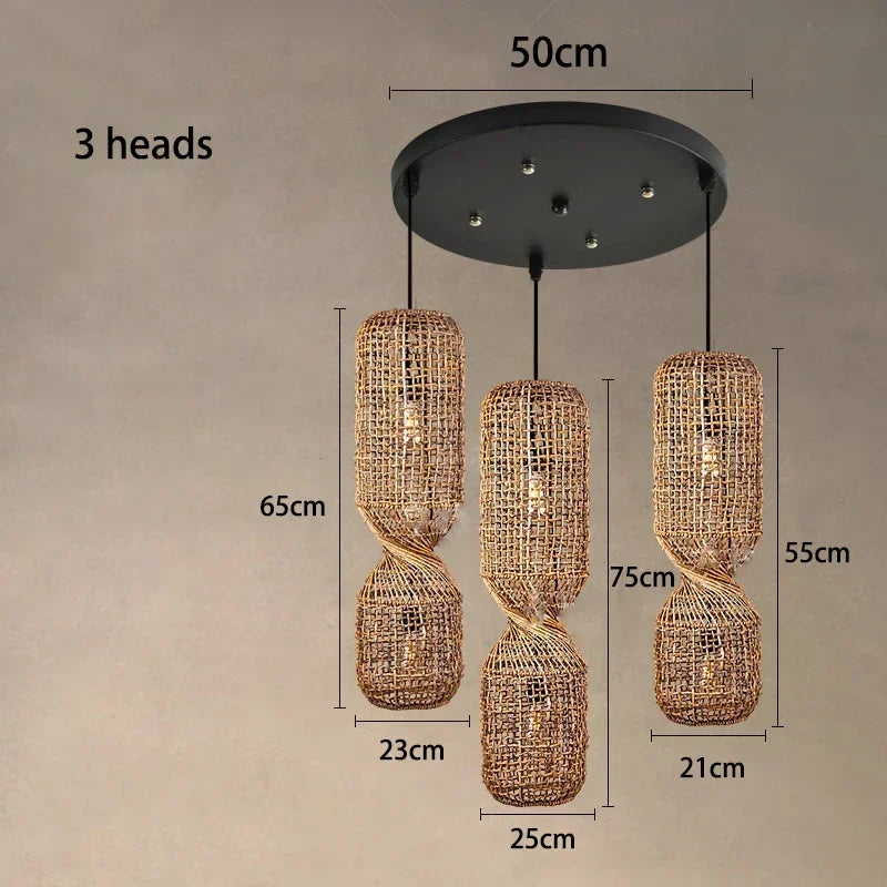 Vintage Hand-Woven Brown Rattan Cylinder Pendant Light