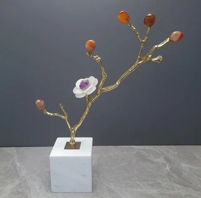 DecorBites™ Crystal Flower Tree Sculpture: Golden Branches with Marble Base