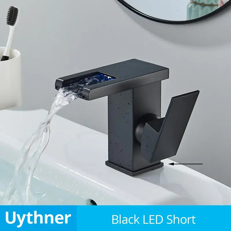 DecorBites™ LED Waterfall Bathroom Sink Faucet Hot Cold Mixer Tap Deck Mounted