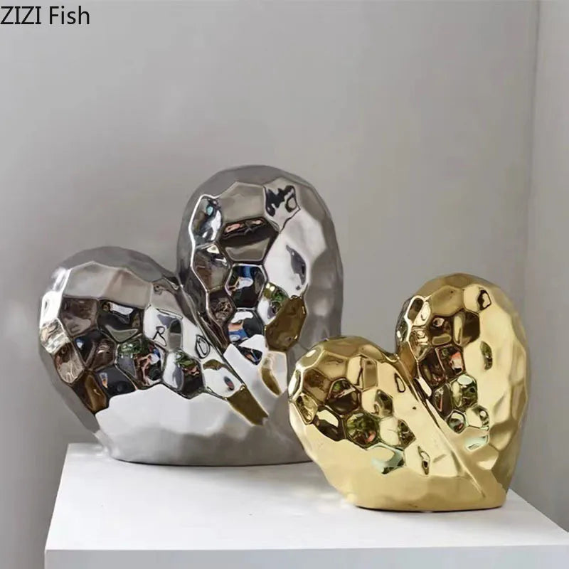 DecorBites™ Golden Heart Ceramic Statue: Minimalist Modern Home Decor Ornament